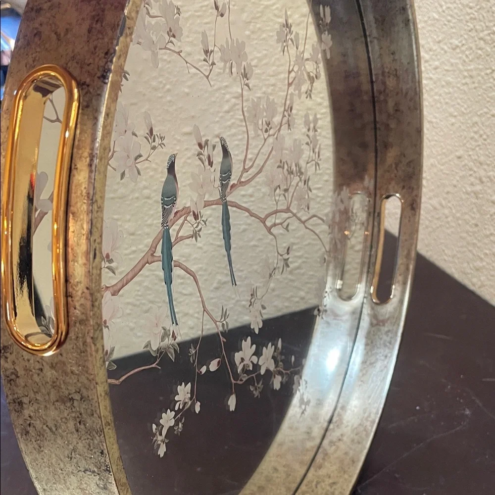 Gold Floral Mirror Tray - Decorative Wall Accent